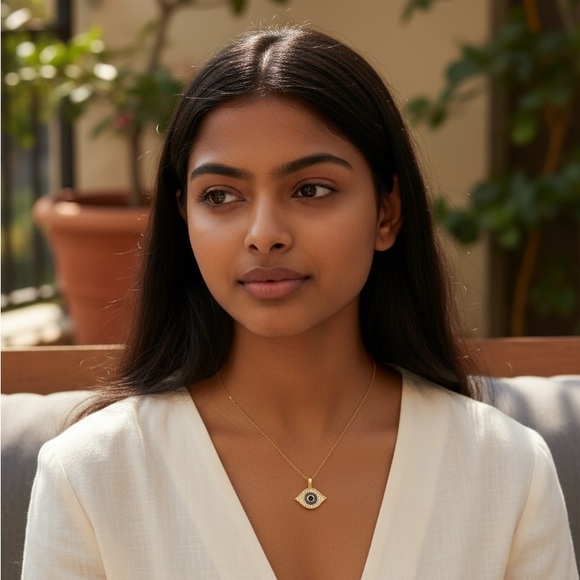 14k Yellow Gold Mini Evil Eye Necklace Charm Pendant with blue & white CZ Stones - Picture 6 of 6